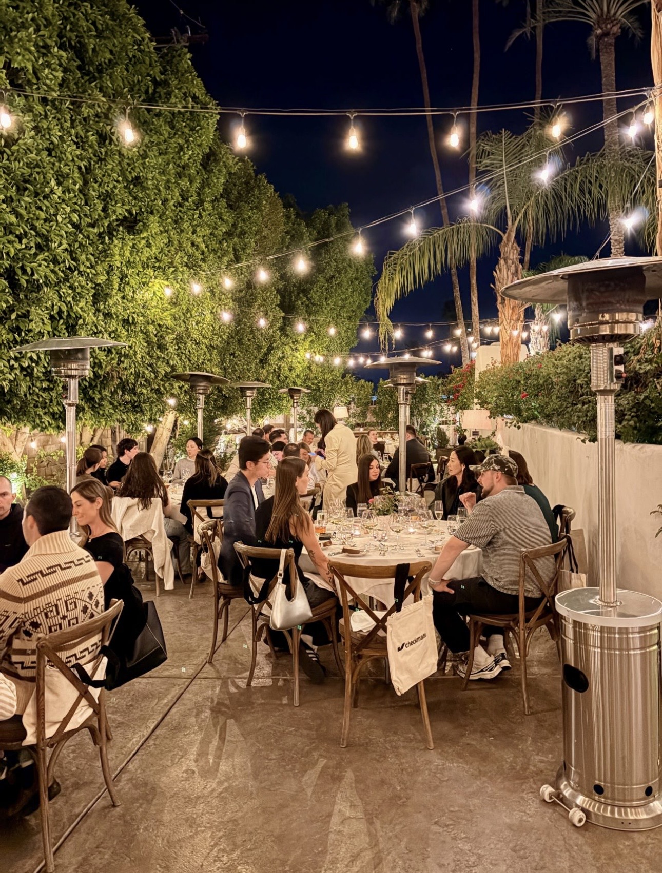 Outdoor evening dinner gathering under string lights with palm trees and patio heaters