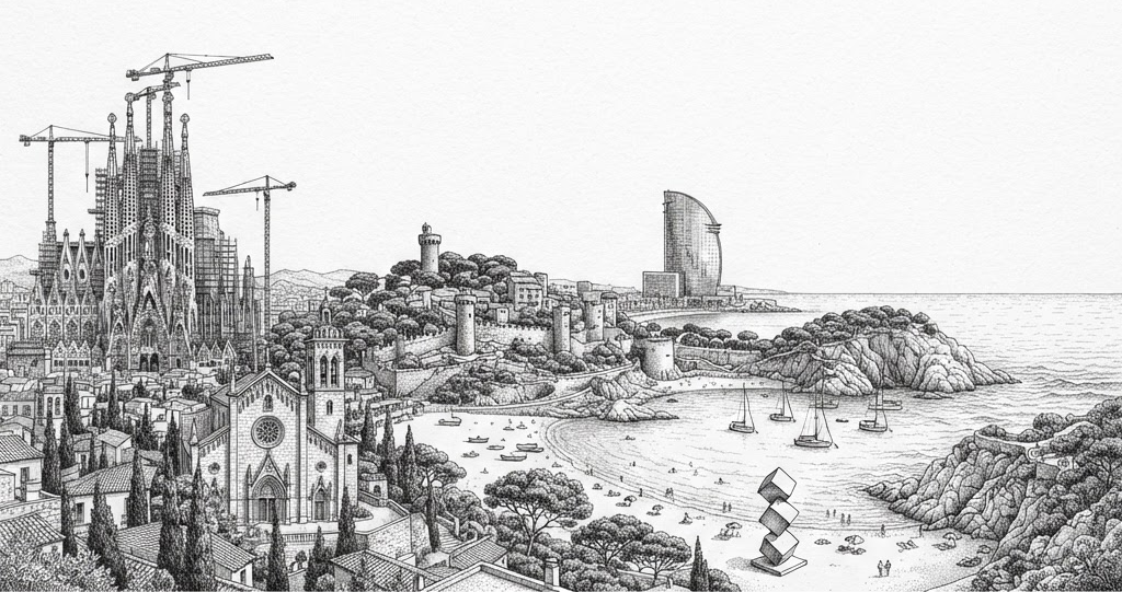 Pen-and-ink etching of Spain: La Sagrada Família, the church of Sóller, the walled town of Tossa de Mar, the W Barcelona sail tower, and a cove with sailboats and umbrellas