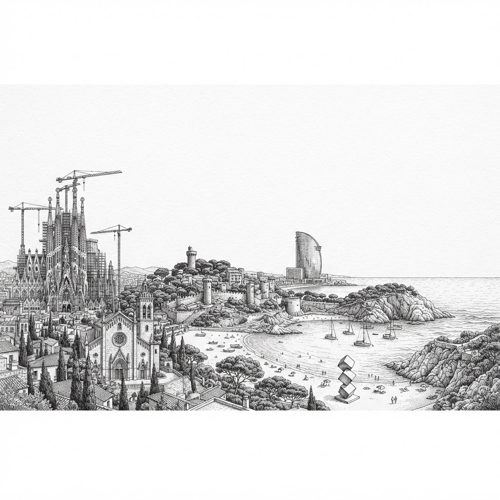 Pen-and-ink etching of Spain: La Sagrada Família, the church of Sóller, the walled town of Tossa de Mar, the W Barcelona sail tower, and a cove with sailboats and umbrellas